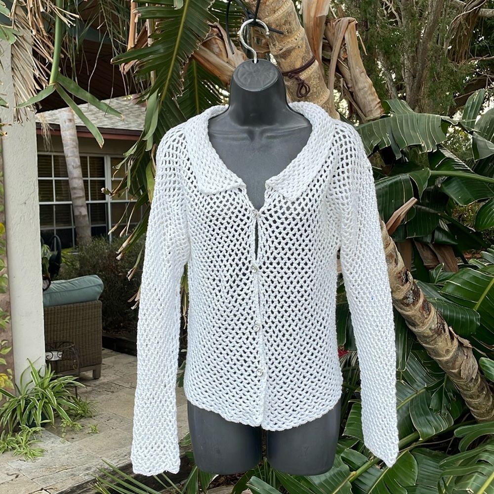 Pure Hand knit cotton crochet cardigan with sparkly buttons